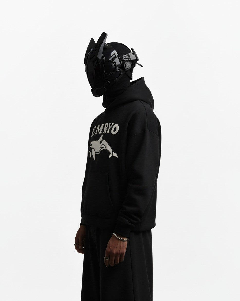 EMRYO WHALE LEATHER EMBROIDERED OVERSIZED HOODIE