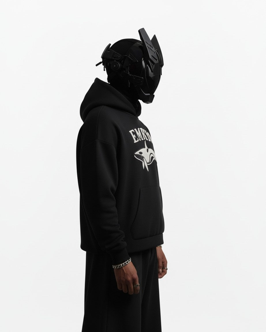 EMRYO WHALE LEATHER EMBROIDERED OVERSIZED HOODIE
