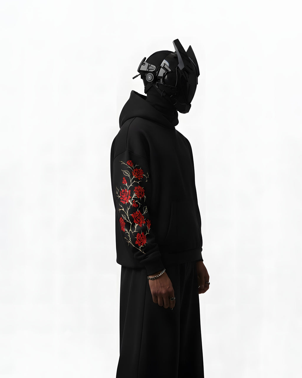 ROSE APPLIQUE EMBROIDERED APPLIQUE OVER-SIZED HOODIE