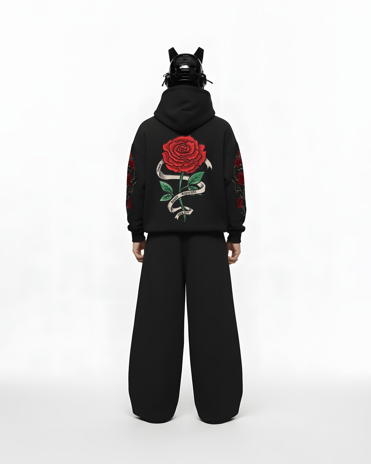 ROSE APPLIQUE EMBROIDERED APPLIQUE OVER-SIZED HOODIE