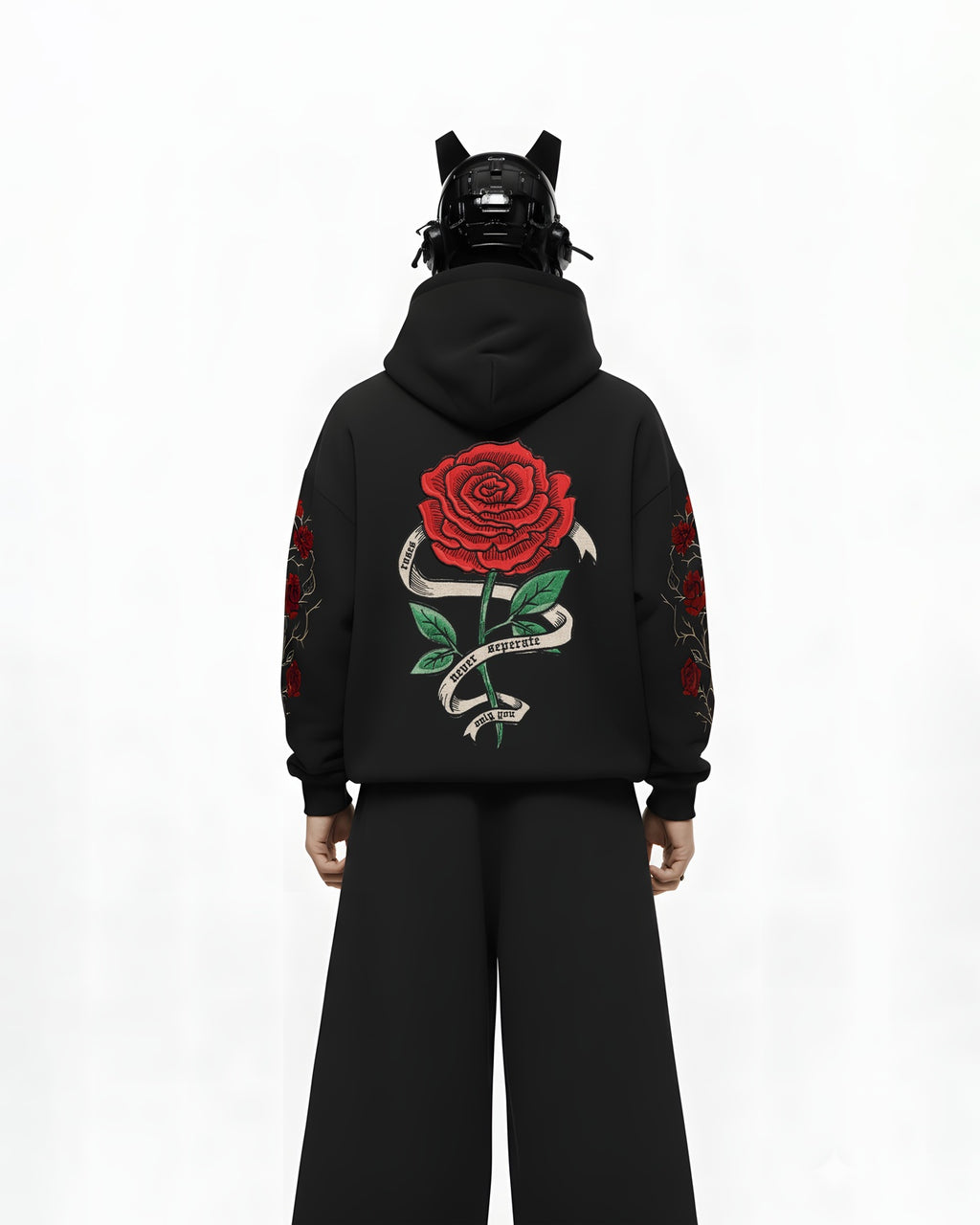 ROSE APPLIQUE EMBROIDERED APPLIQUE OVER-SIZED HOODIE
