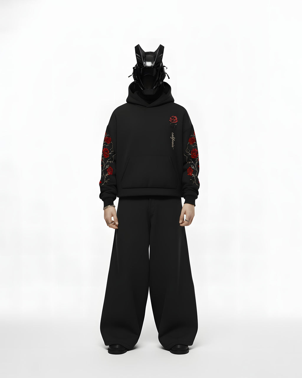 ROSE APPLIQUE EMBROIDERED APPLIQUE OVER-SIZED HOODIE