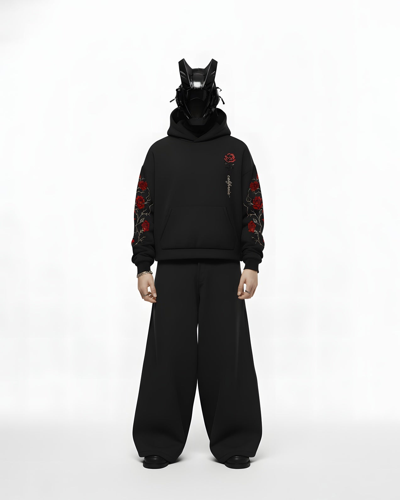 ROSE APPLIQUE EMBROIDERED APPLIQUE OVER-SIZED HOODIE