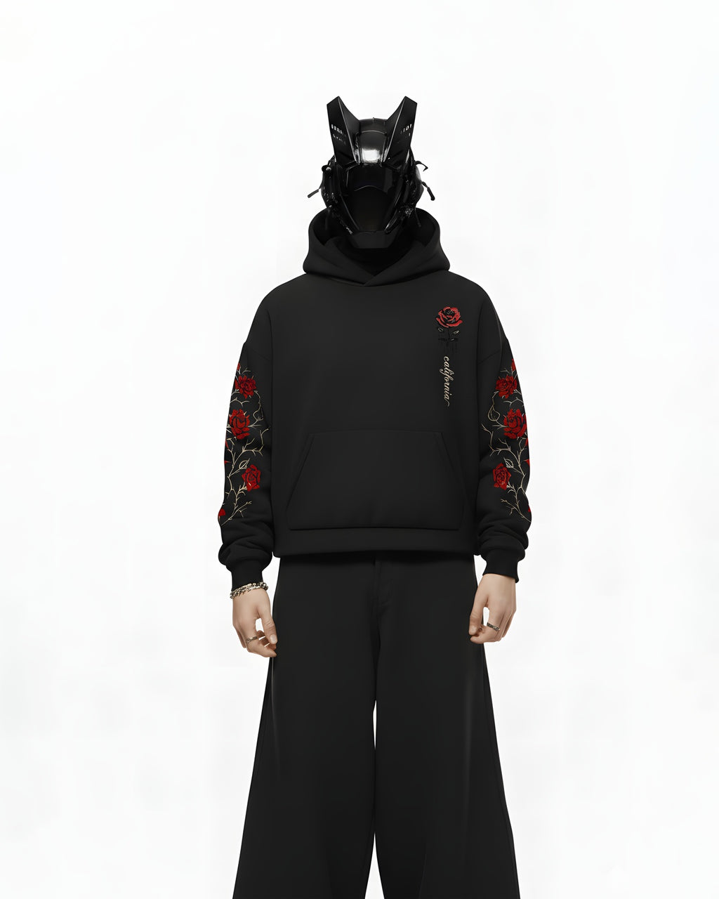 ROSE APPLIQUE EMBROIDERED APPLIQUE OVER-SIZED HOODIE