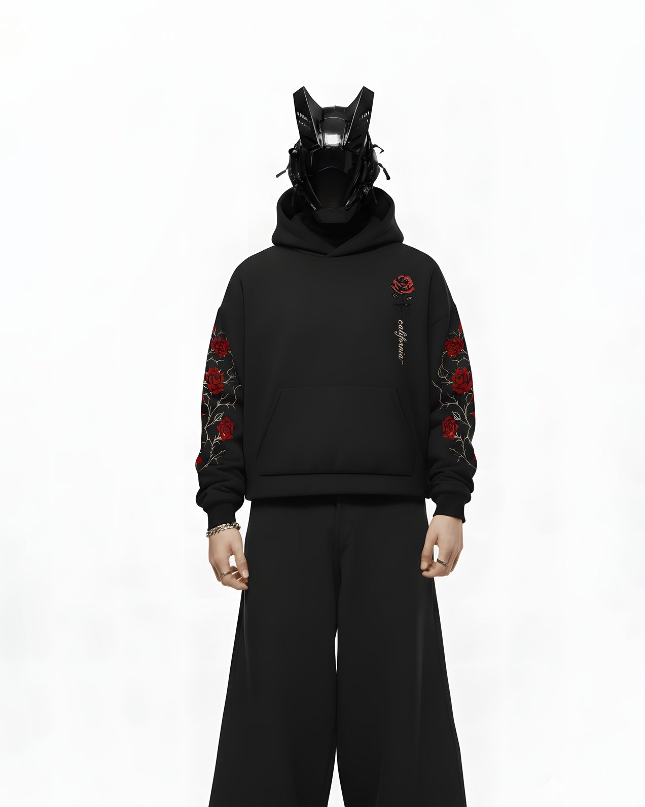 ROSE APPLIQUE EMBROIDERED APPLIQUE OVER-SIZED HOODIE