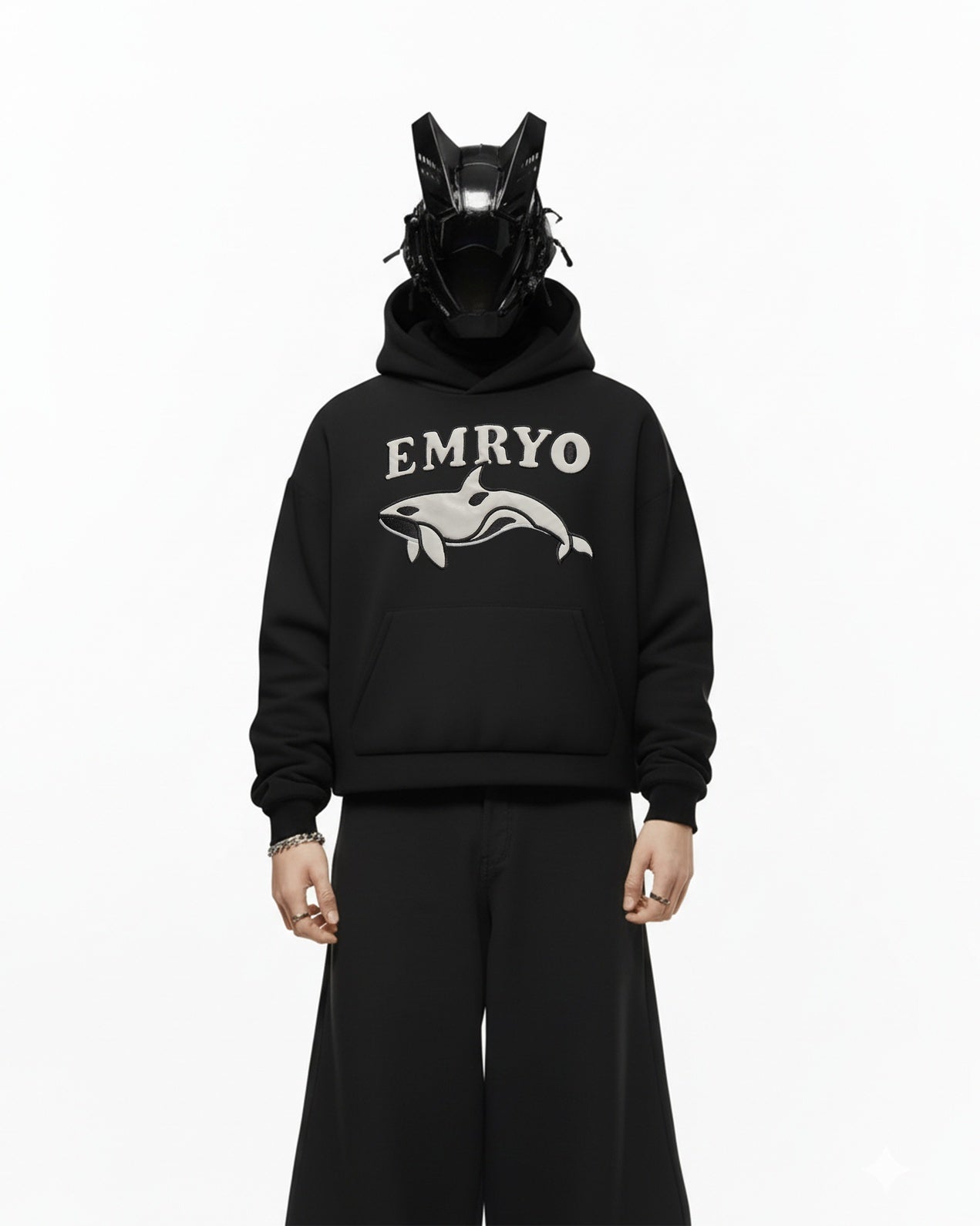 EMRYO WHALE LEATHER EMBROIDERED OVERSIZED HOODIE