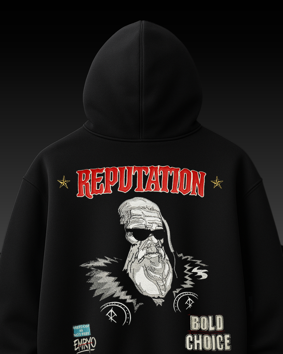 REPUTATION MAN EMBROIDERED APPLIQUE OVER-SIZED HOODIE