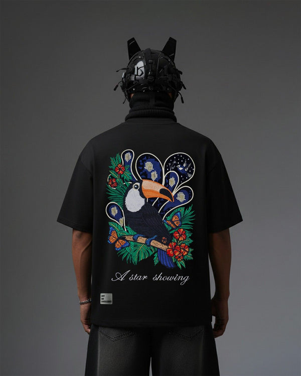 Toucan Bird Embroidery Over-Sized T Shirt