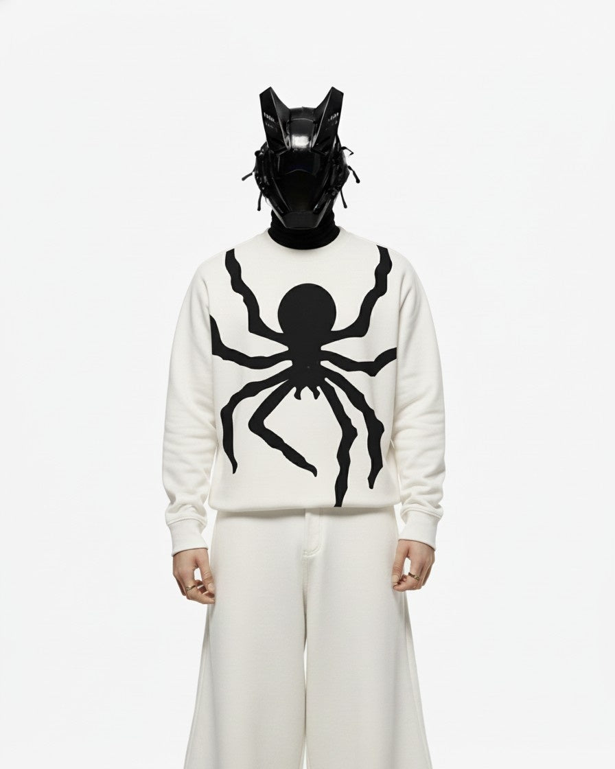 Spider Applique Embroidery Oversized White Sweatshirt