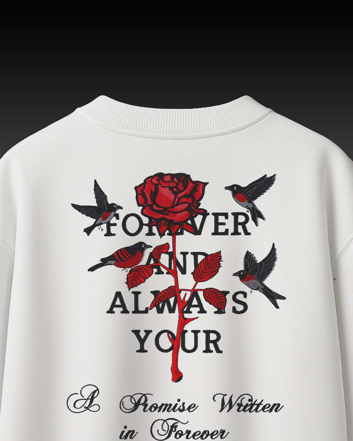 Rose Birds Applique Embroidery Over-Sized T Shirt