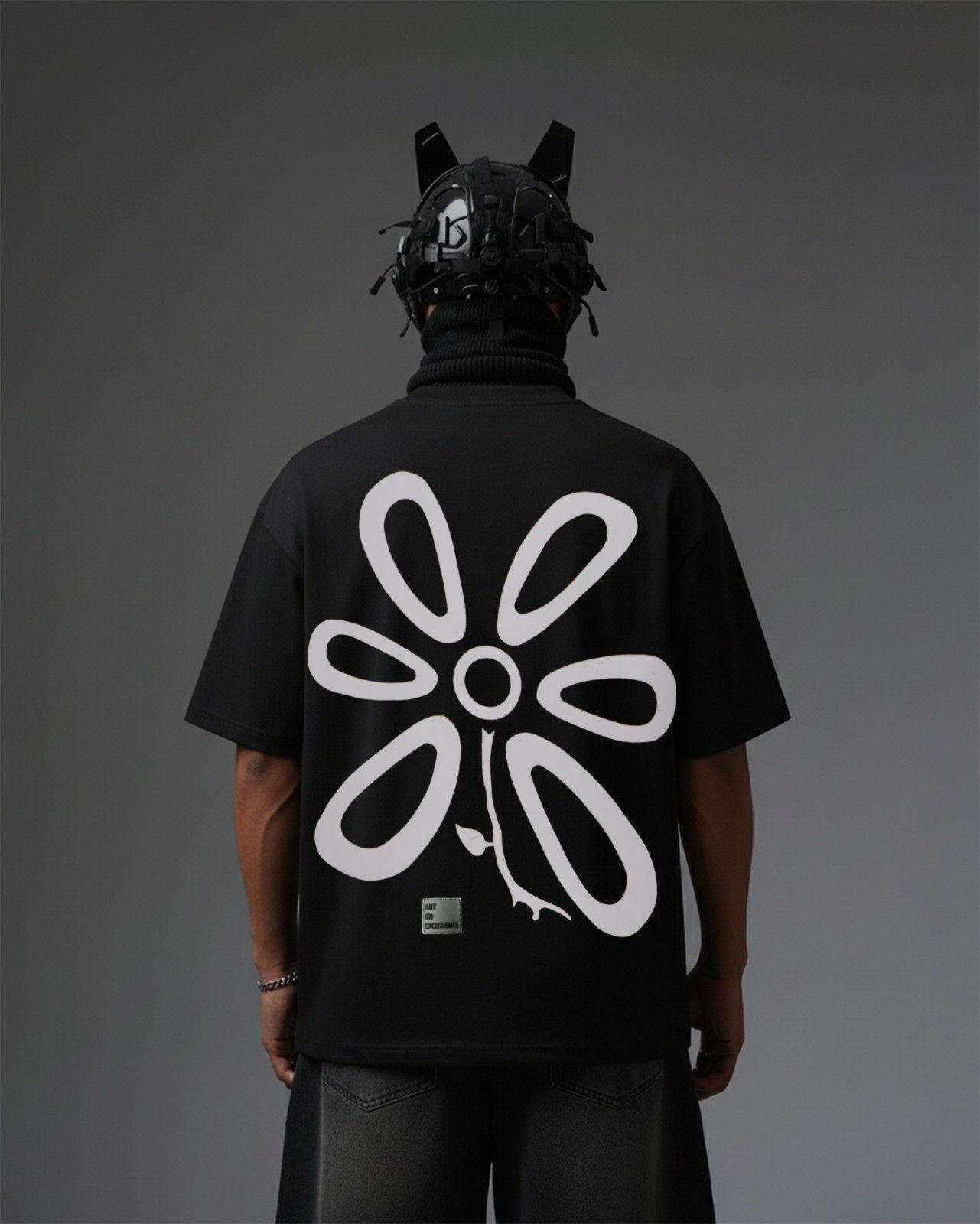 Flower Applique Embroidery Over-Sized T Shirt