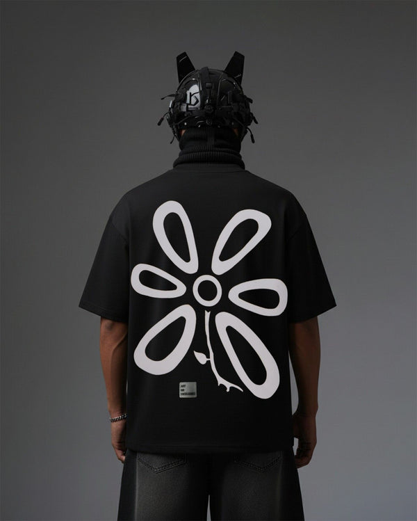 Flower Applique Embroidery Over-Sized T Shirt